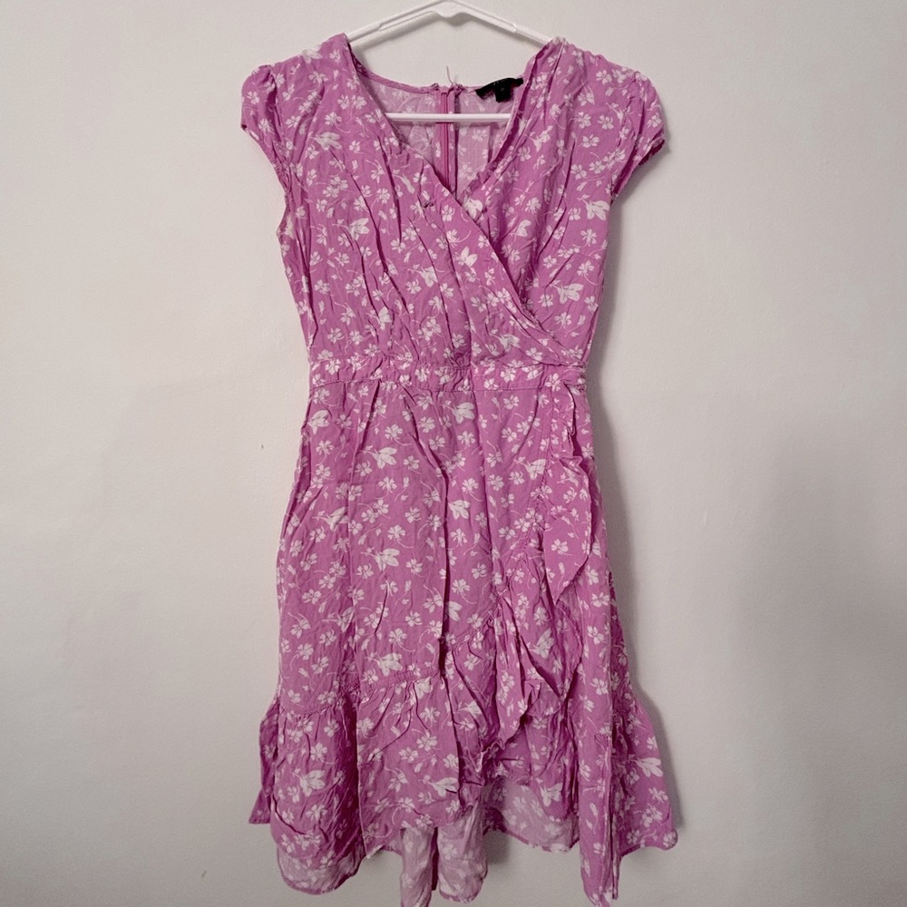 Ruffle-front mini dress in soft rayon bubblegum floral